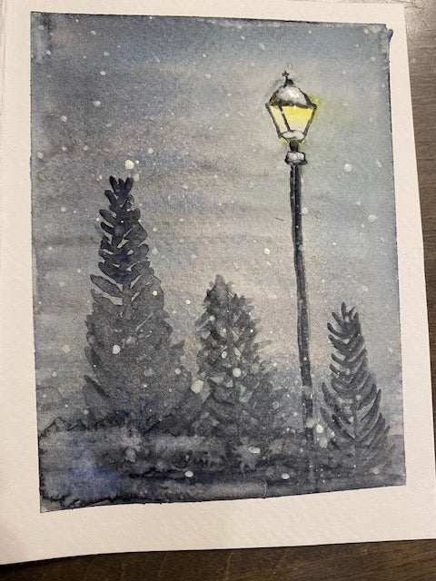 Hand painted Watercolor Cards - Snowy Night