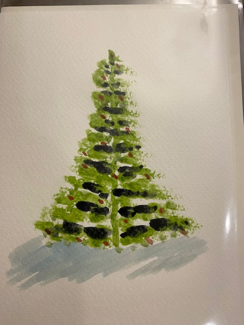 Hand painted watercolor cards - Multicolor Green Christmas tree