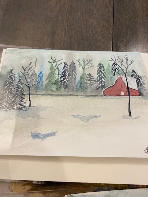 Hand painted watercolor Cards - Winter Barn