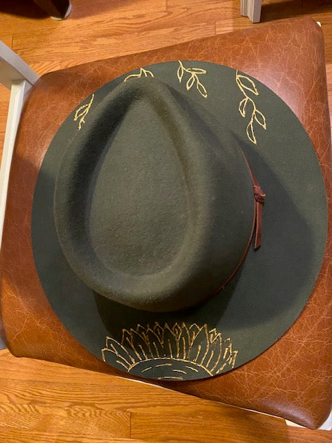 Green Fedora Hat Burned with Gold Paint