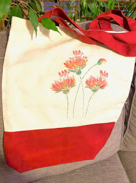 Handpainted canvas bag with red flowers