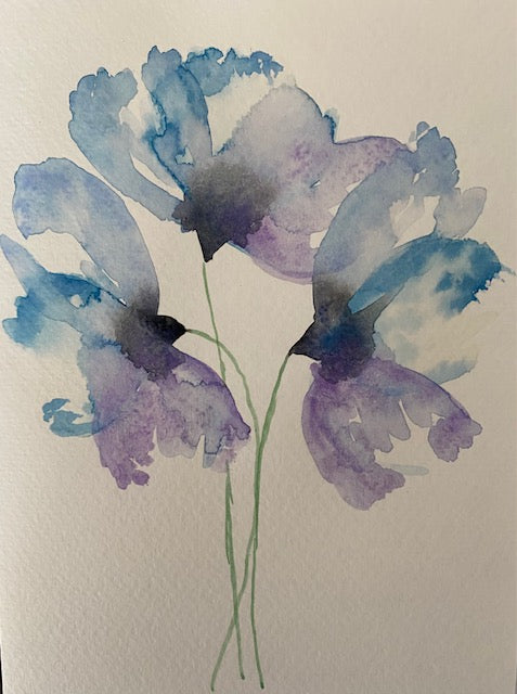 Handpainted water color card purple flowers