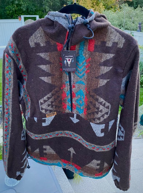 Wool-Blend Western Hoodie- dark brown Navajo