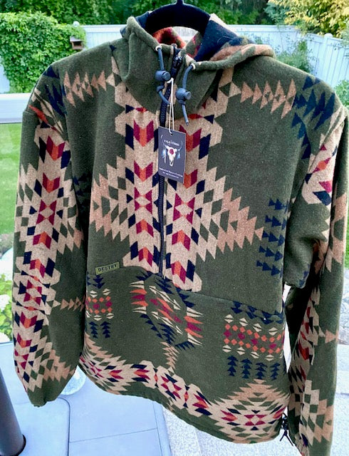 Wool- Blend Western Hoodie - green Navajo print
